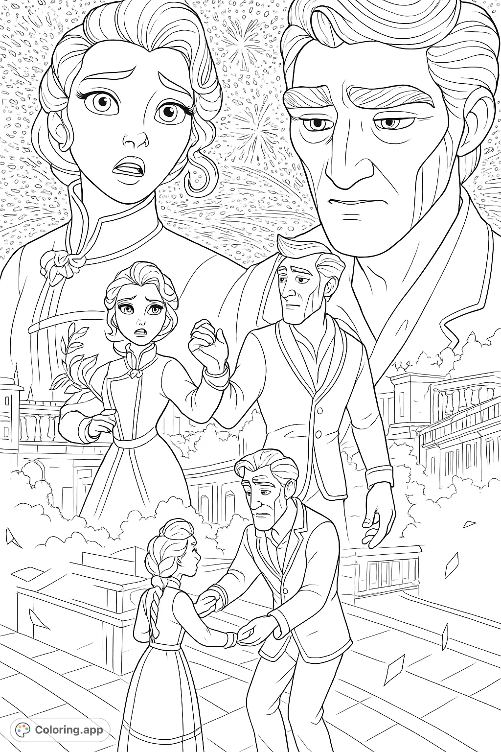 Experience a dramatic character montage featuring expressive faces, intricate costumes, and detailed settings. A captivating scene for animated art enthusiasts.