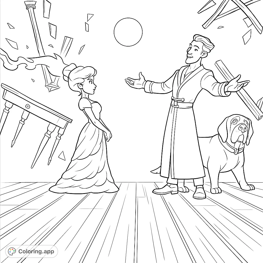 Dive into a whimsical world with a melting figure, a charismatic man, and his loyal dog amidst floating furniture. A highly detailed fantasy coloring page.