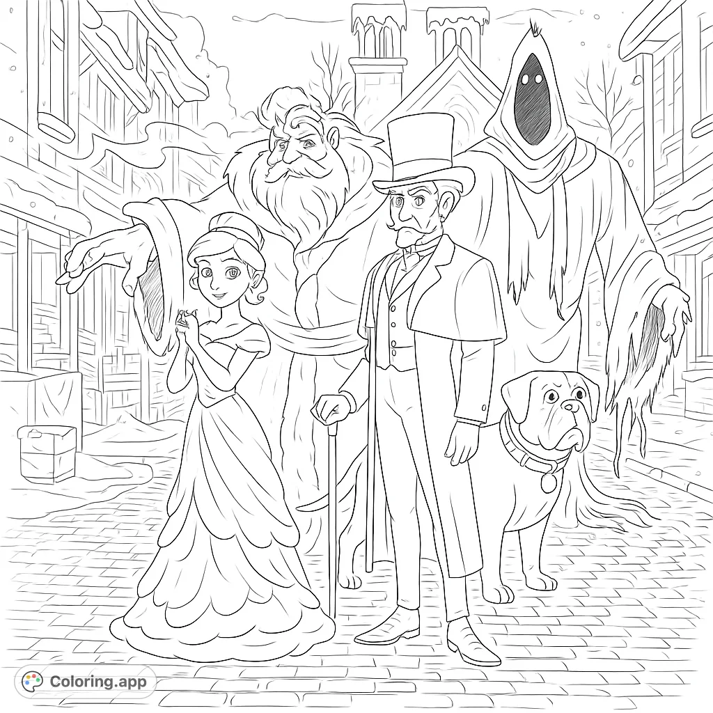 Immerse yourself in a classic tale with this highly detailed Christmas Carol coloring page, featuring iconic characters in a festive, snowy street scene. Free printable fun!