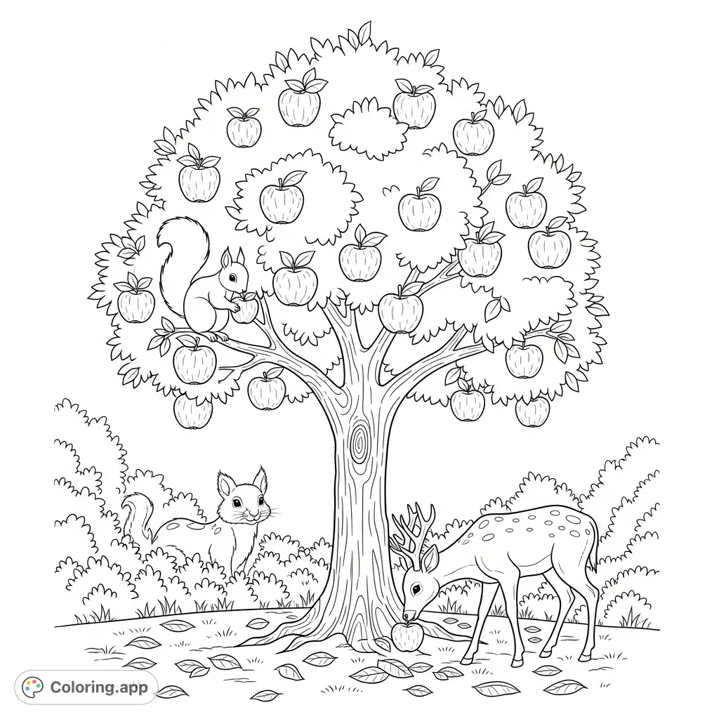 Explore a charming forest coloring page featuring a bountiful apple tree with playful forest animals like a squirrel and deer. A delightful nature scene for all.