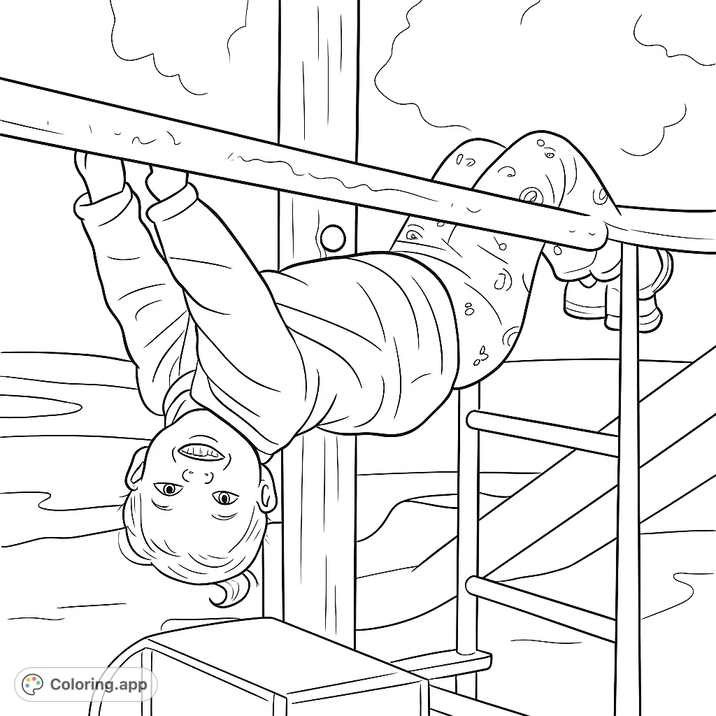 A joyful child hangs upside down on monkey bars, smiling broadly. A fun playground scene perfect for a playful coloring adventure.