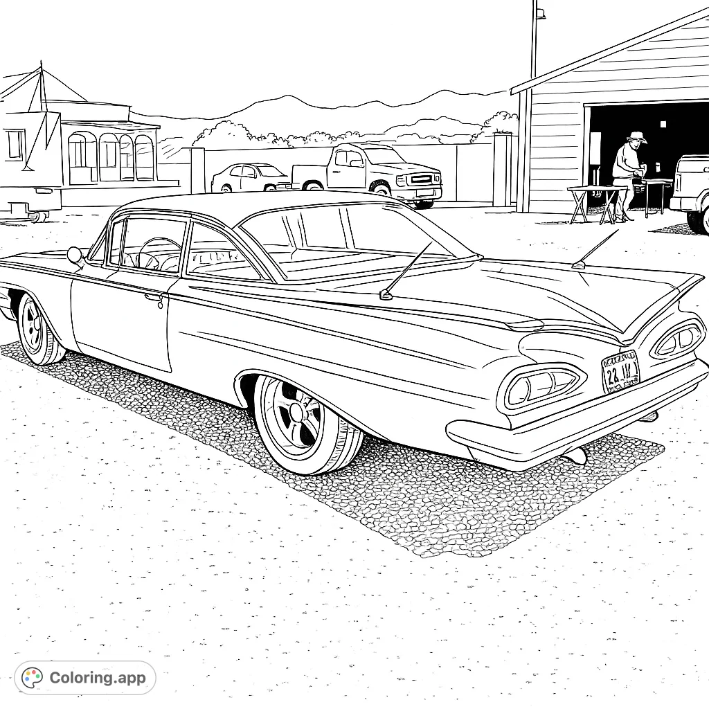 Experience the thrill of a vintage custom automobile coloring page. Features sleek lines, polished wheels, and a detailed scenic backdrop with distant mountains.