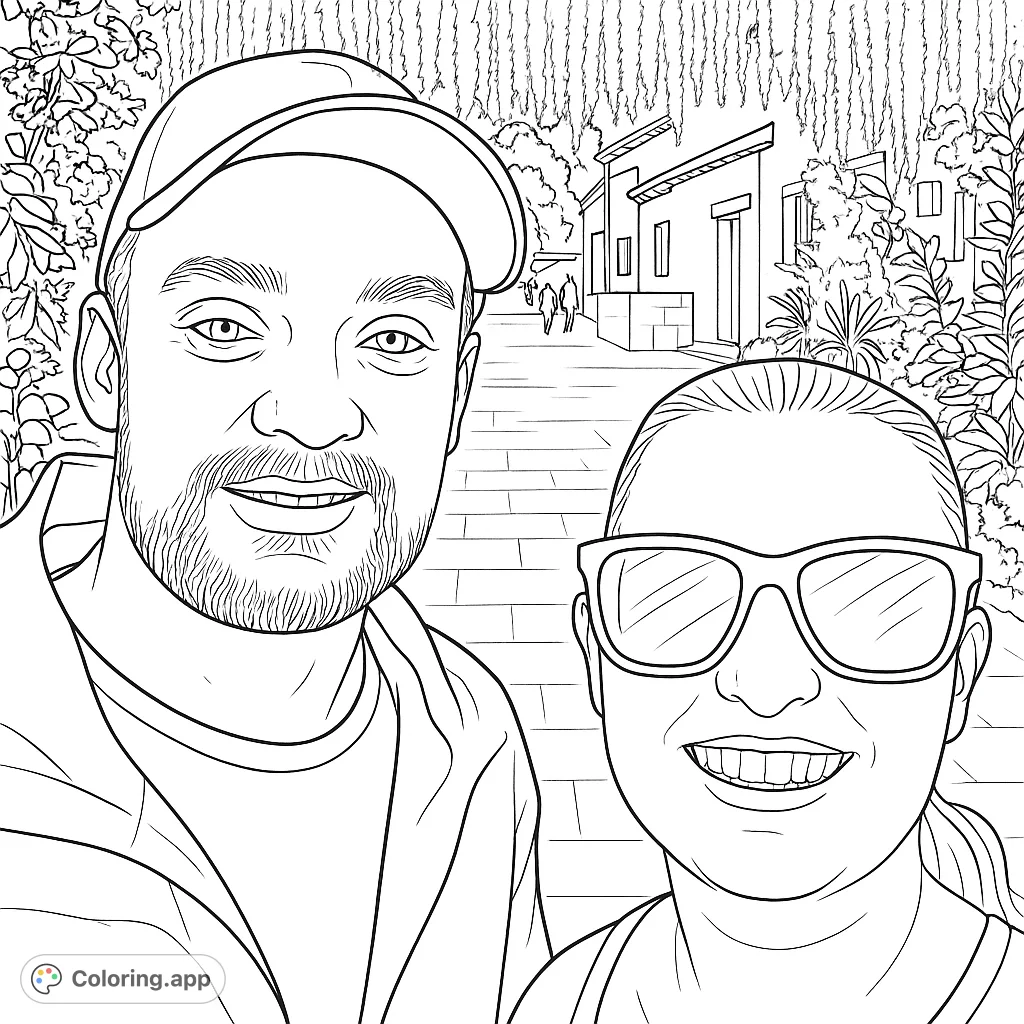 A happy couple smiles under a beautiful canopy of cascading flowers, with a charming paved pathway and distant buildings in a serene garden setting.