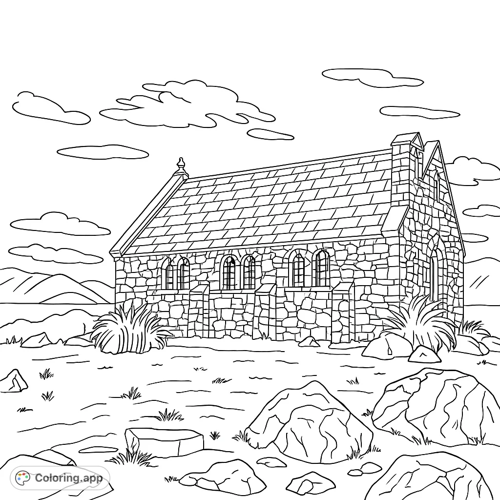 Color a beautiful historic stone church nestled in a serene landscape with distant mountains and a vast sky. Perfect for architecture and nature lovers.
