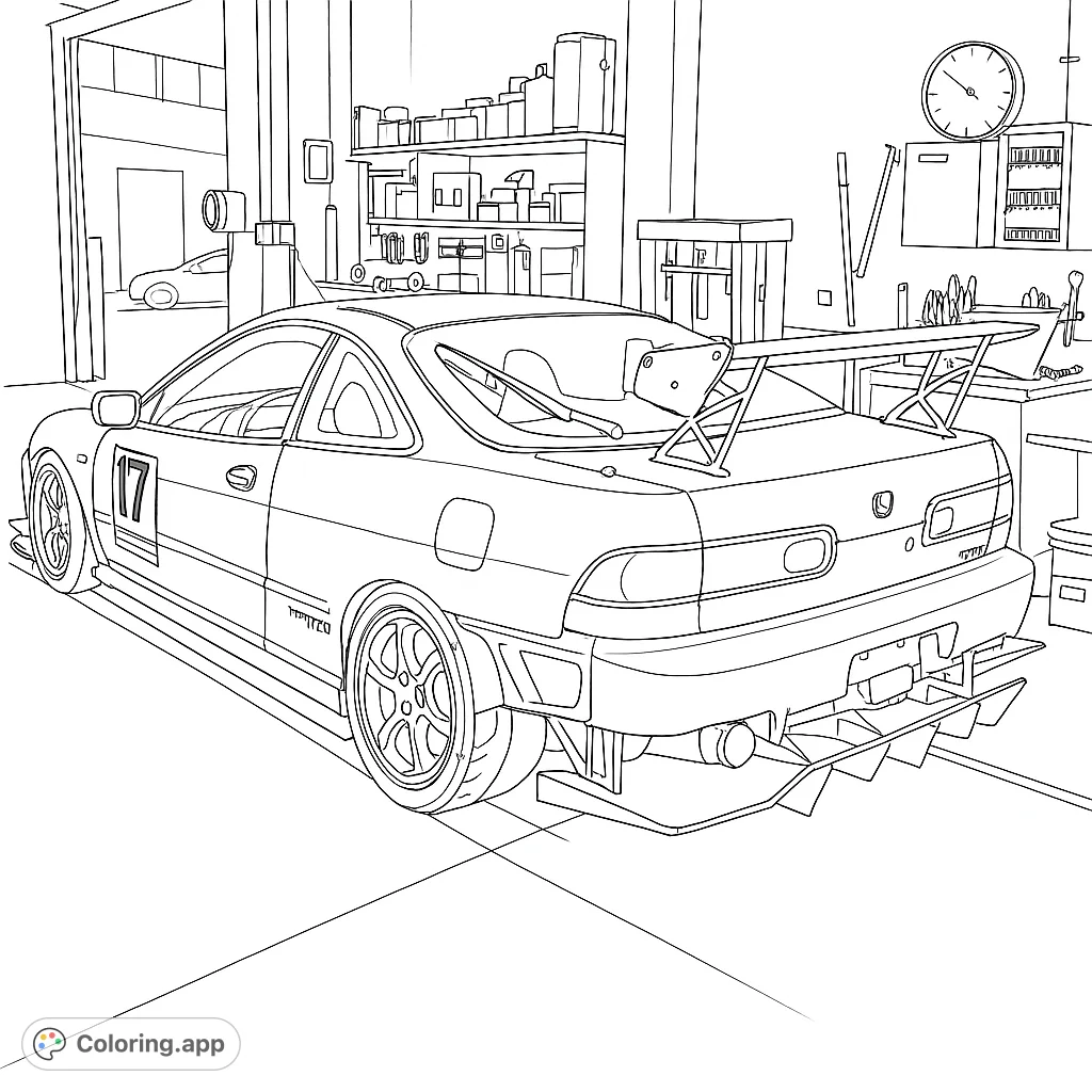 Unleash your creativity with this performance coupe coloring page. Featuring a detailed modified car in a workshop, perfect for car enthusiasts and aspiring designers.