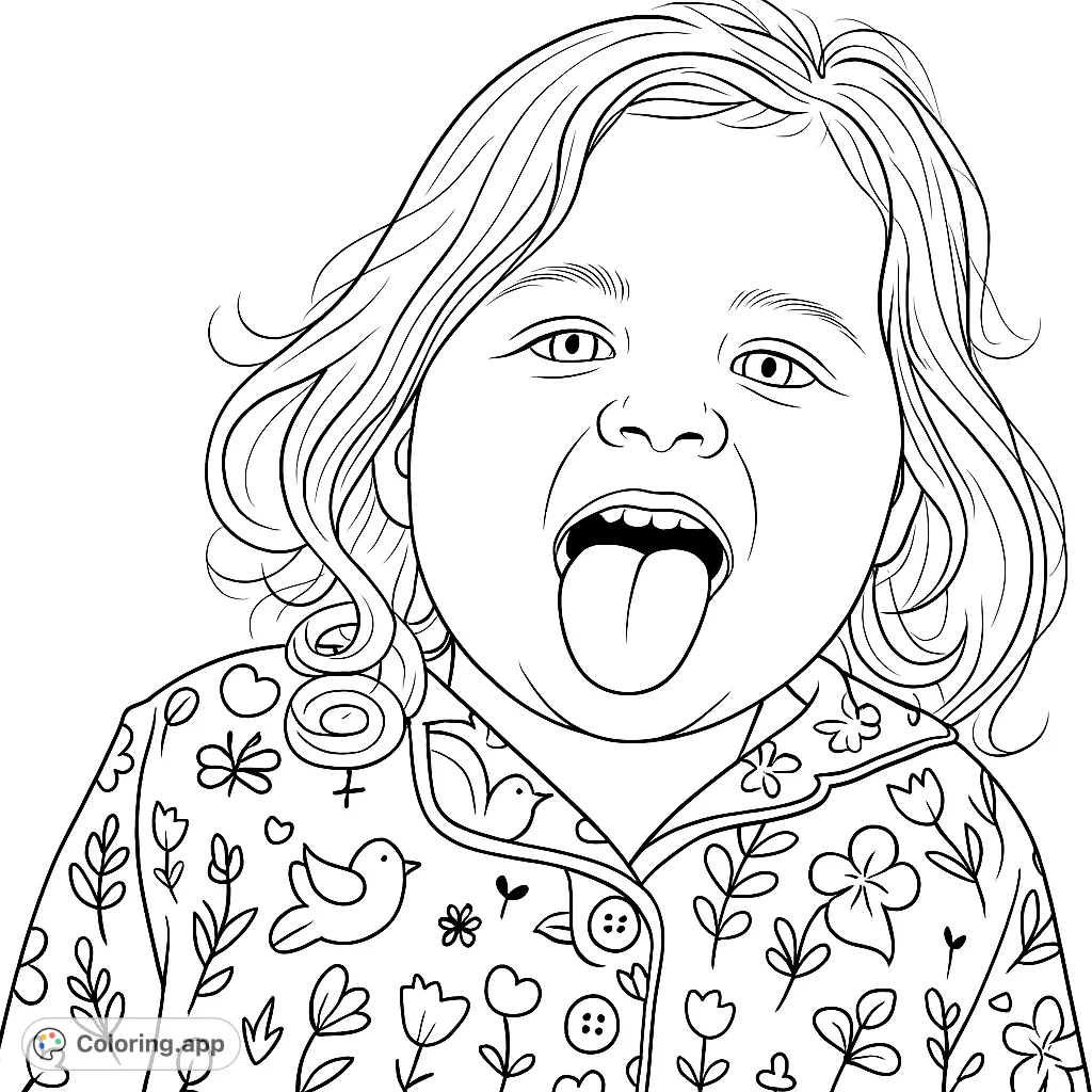 A playful child sticks out their tongue in a fun portrait, wearing patterned pajamas. Perfect for a happy and expressive coloring page for kids!