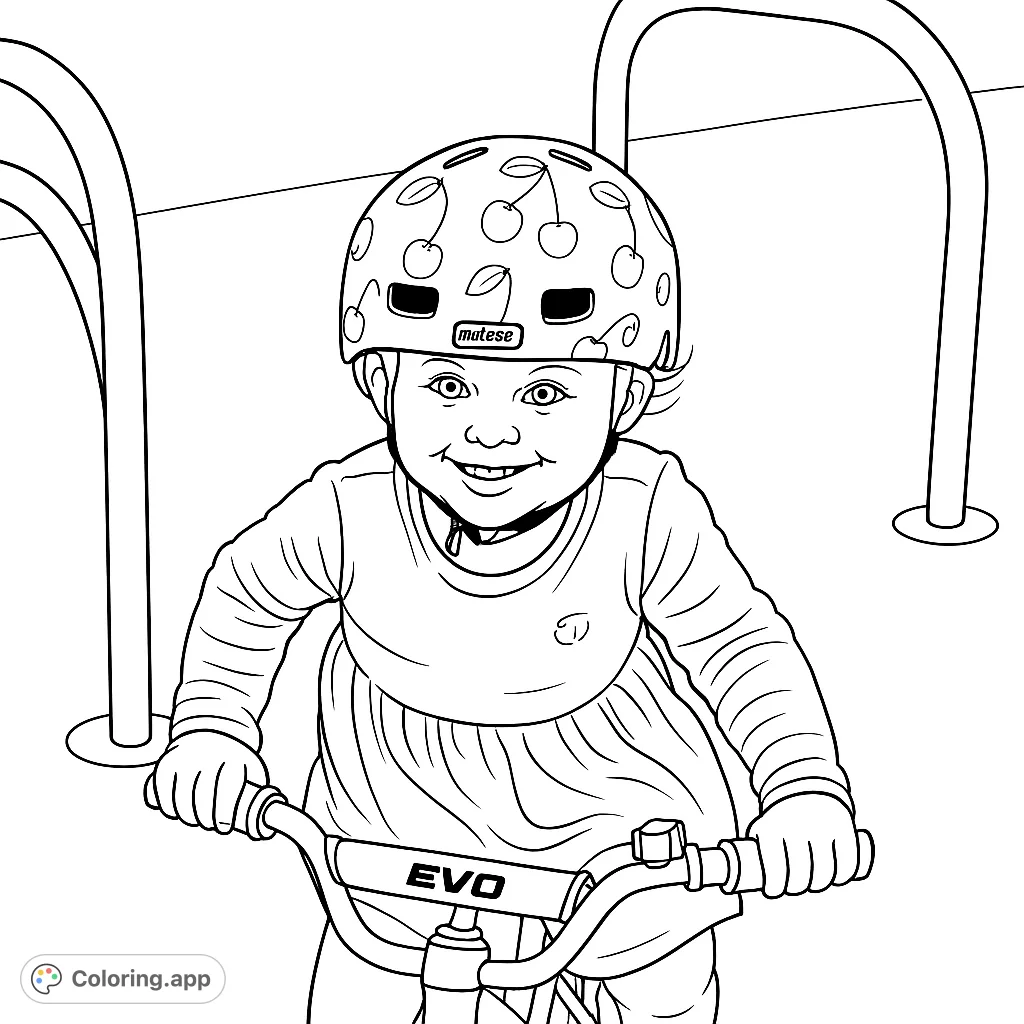 A delightful coloring page featuring a smiling child on a balance bike, wearing a fun, patterned helmet. Perfect for little adventurers!