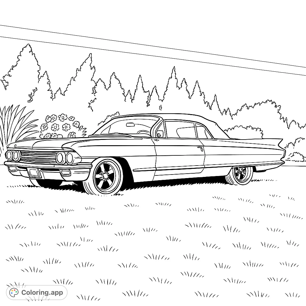 Color a classic convertible with elegant lines and prominent fins, parked on a grassy lawn with a dense tree line and a partially cloudy sky in the background.