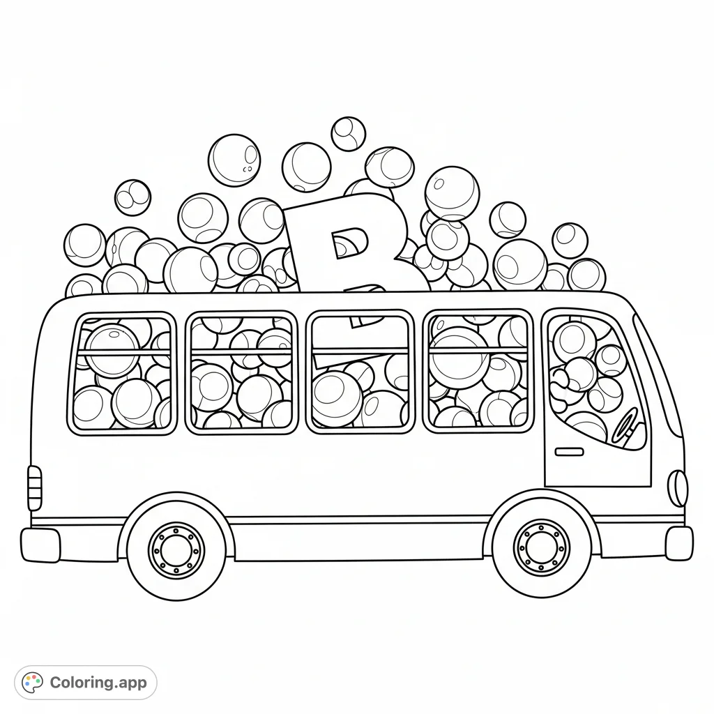 A delightful bus coloring page featuring a cheerful bus packed with dynamic bouncing balls and the Uppercase Letter B. Perfect for kids and learning fun!