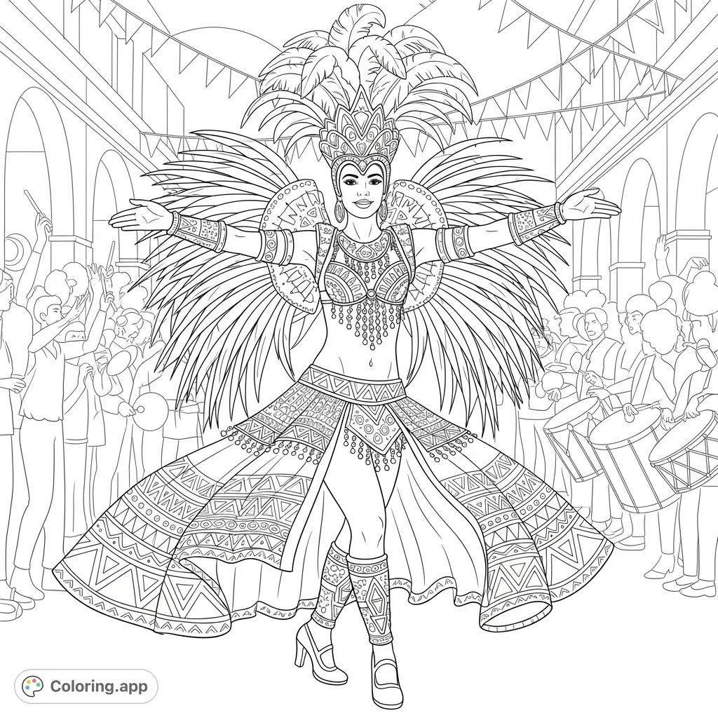 Immerse yourself in the vibrant energy of Brazil with this detailed carnival samba dancer coloring page, featuring an elaborate feathered costume and festive street scene.