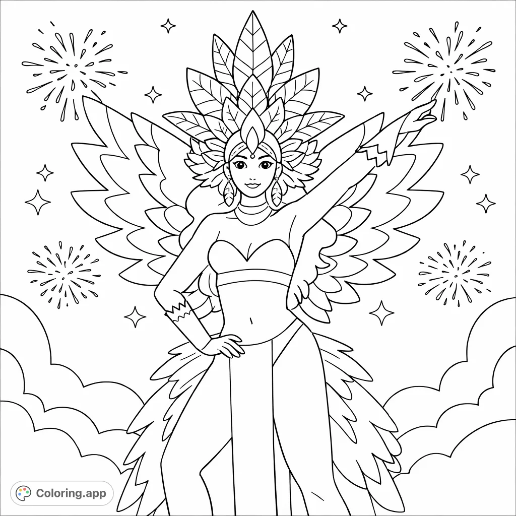 Celebrate the joy of carnival with this elaborate coloring page featuring a dancer in a magnificent feathered costume, surrounded by festive fireworks and stars.
