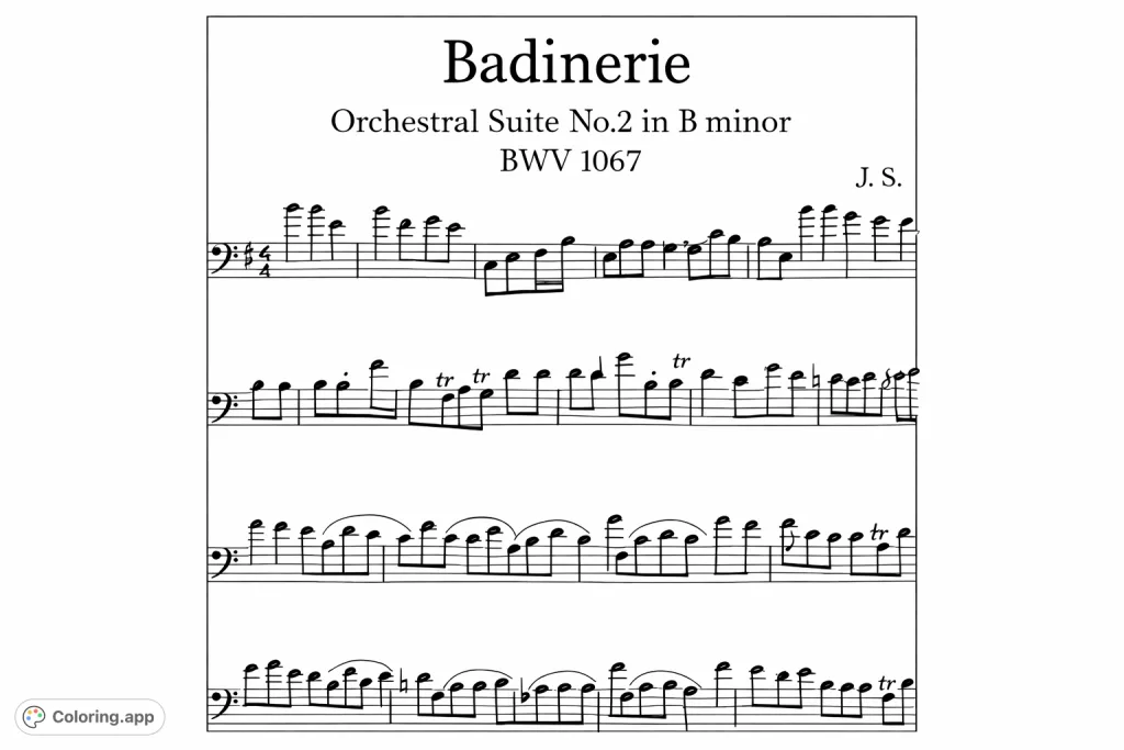 Immerse yourself in classical music with this Badinerie coloring page. Featuring intricate musical notation, staves, notes, and symbols for a detailed creative experience.