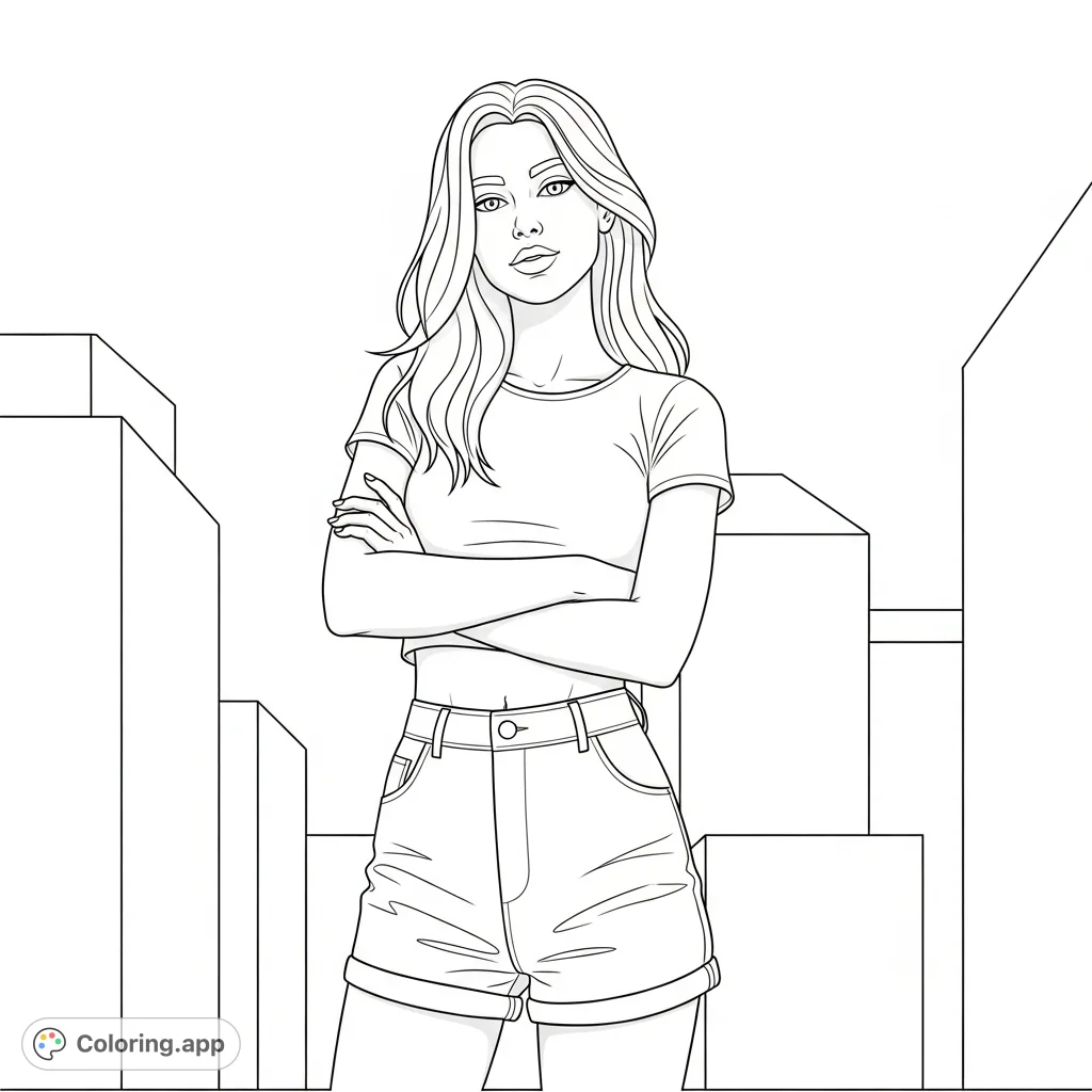 A fashion-forward female character in a crop top and high-waisted shorts, striking a confident pose against a minimalist urban backdrop. Perfect for fashion enthusiasts.