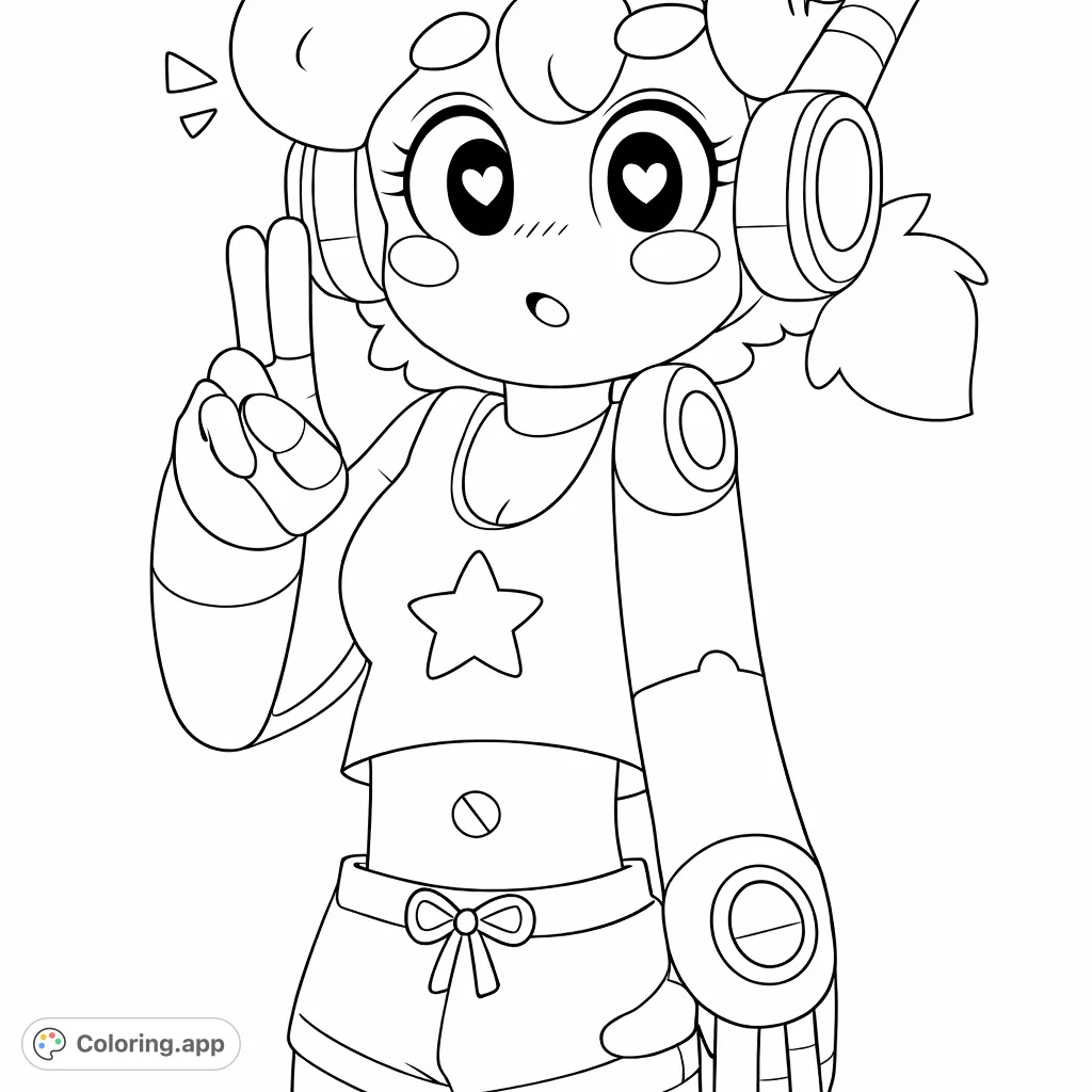 A delightful character with a playful pose, featuring a star-adorned top and headphones. Perfect for creative expression.