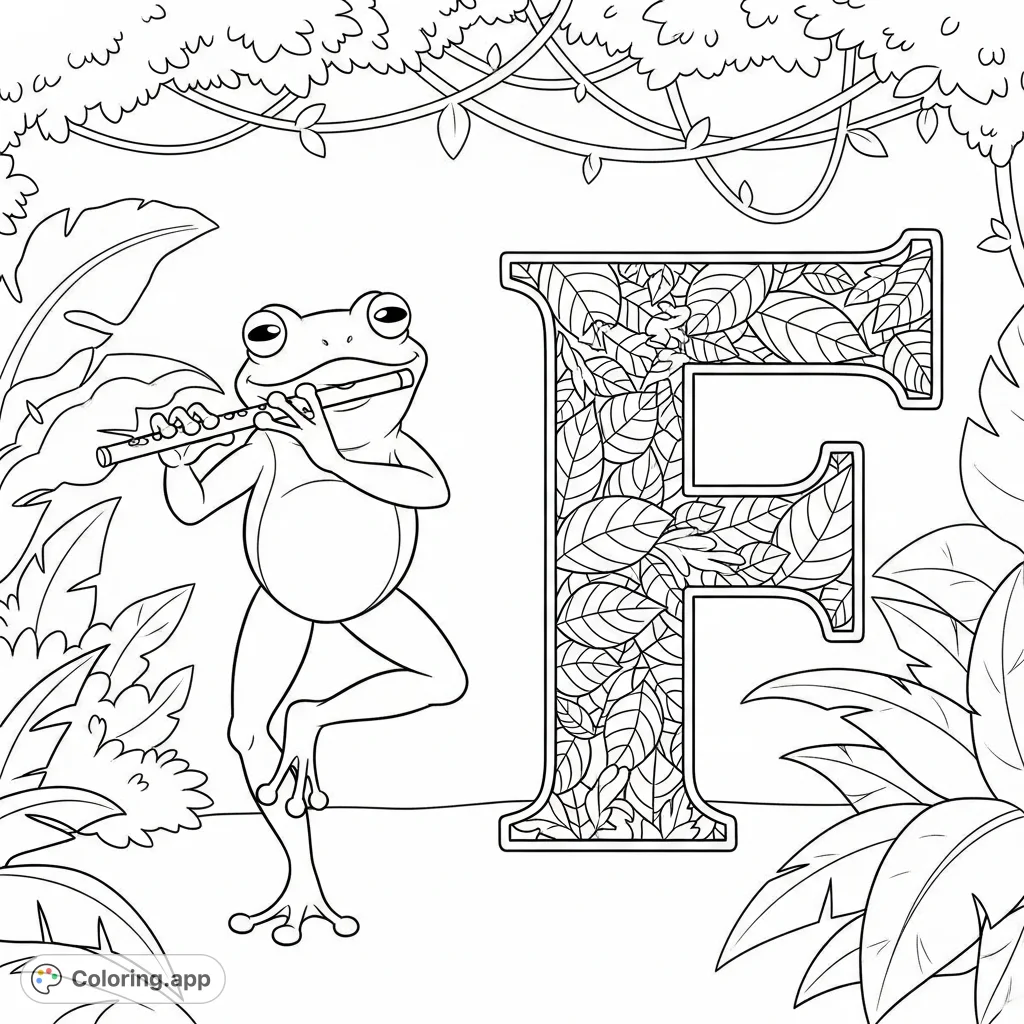 A whimsical frog plays a flute and dances happily beside a decorative letter 'F' in a vibrant jungle setting. Perfect for a free printable coloring page.