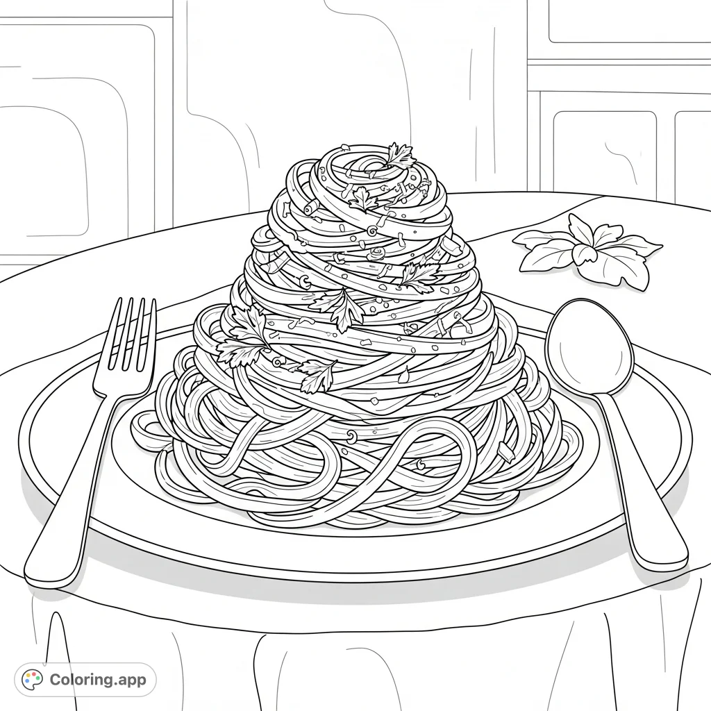 Savor this free printable fettuccine coloring page! A delightful pasta dinner scene, perfect for foodies and coloring pages for adults.