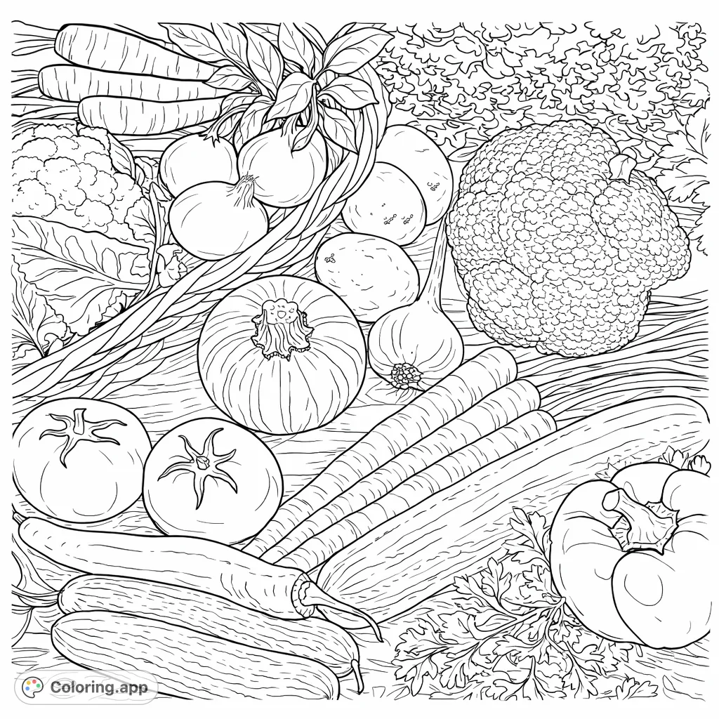 A vibrant assortment of fresh garden vegetables, including carrots, tomatoes, broccoli, and more, artfully arranged on a rustic surface, ready for coloring.