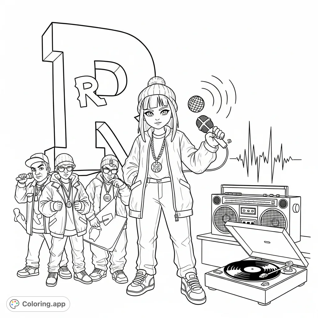 Dive into the vibrant world of hip hop culture with this dynamic scene featuring a girl rapper, a mic, a vintage radio, and a record player. Perfect for music fans!