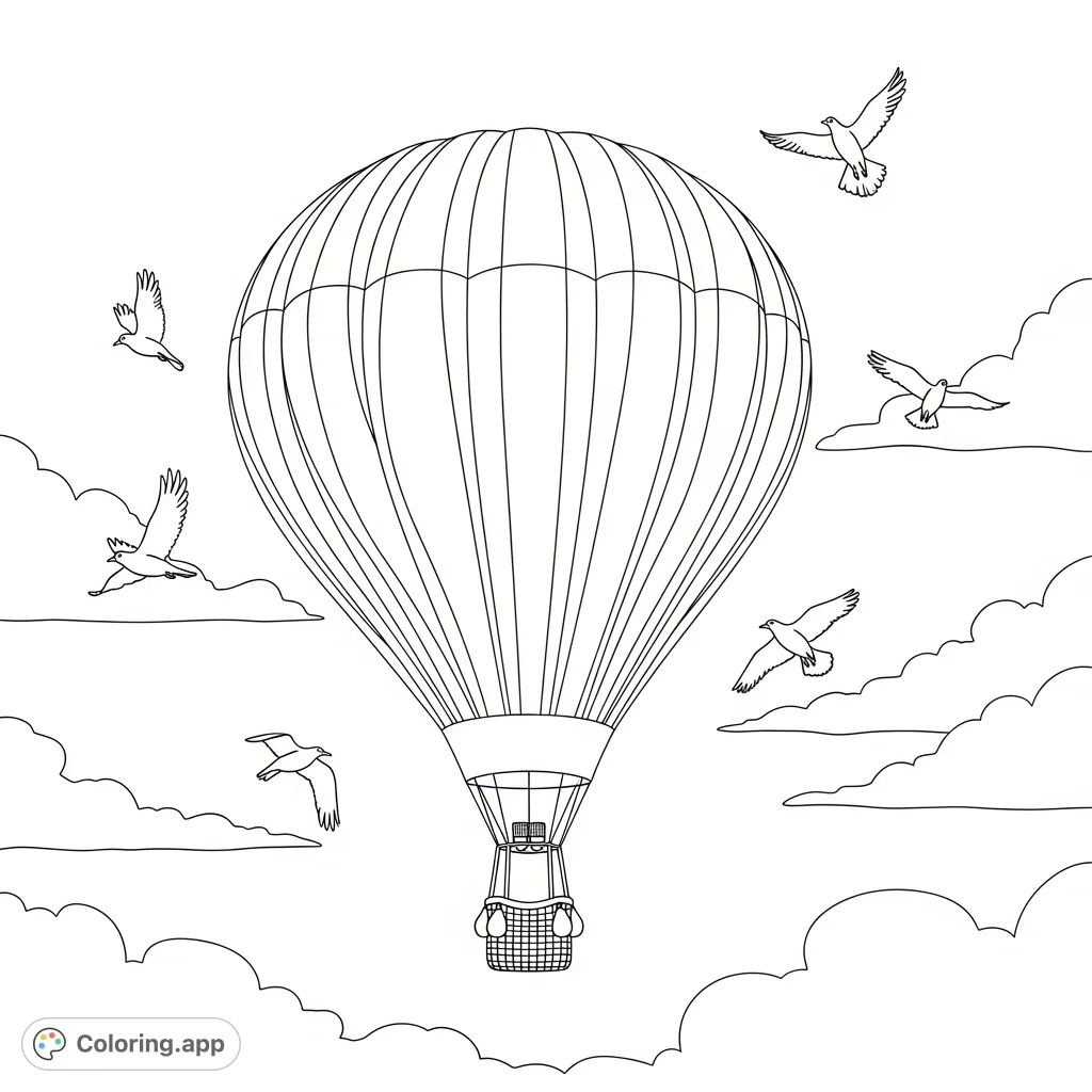 A whimsical hot air balloon glides through sunbeams with birds soaring nearby. A delightful hot air balloon coloring page, perfect for all ages.