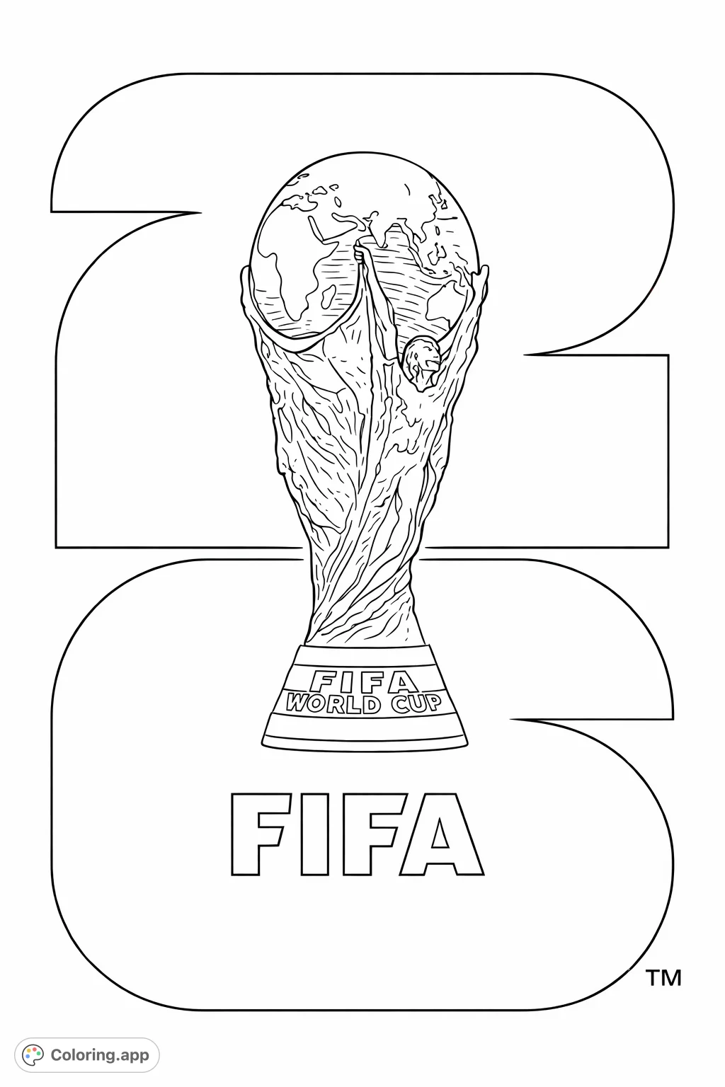 Color this famous international football trophy with intricate details on its spherical top, supporting figures, and inscribed base. A captivating sports achievement coloring page.