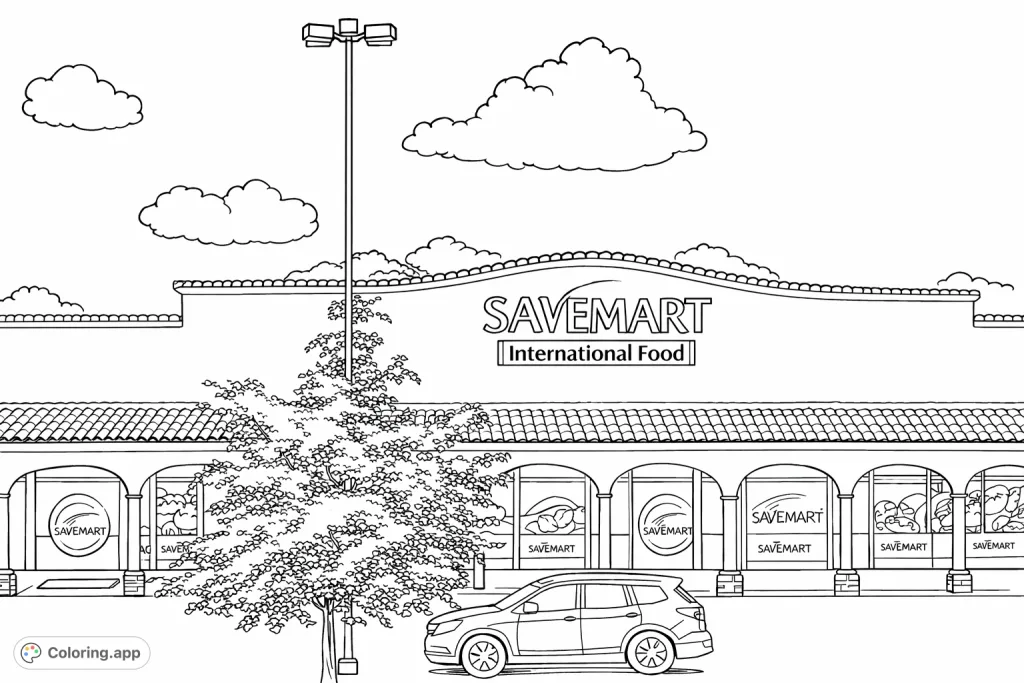 Color this detailed grocery store scene, featuring a 'SAVEMART International Food' facade, arched windows with diverse products, and a prominent sign.