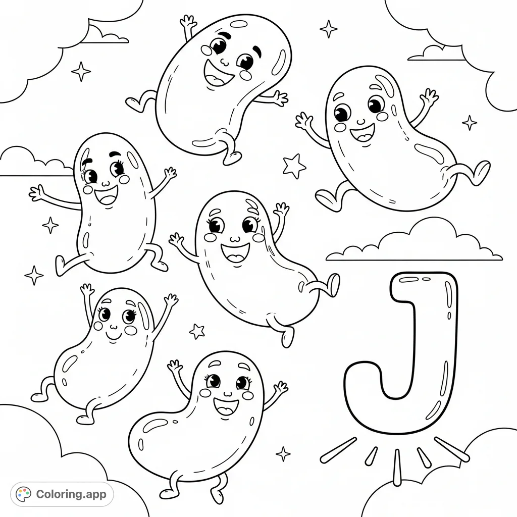 A delightful coloring page featuring cheerful jumping jellybeans alongside a playful, jumping uppercase Letter J, set against a whimsical background.