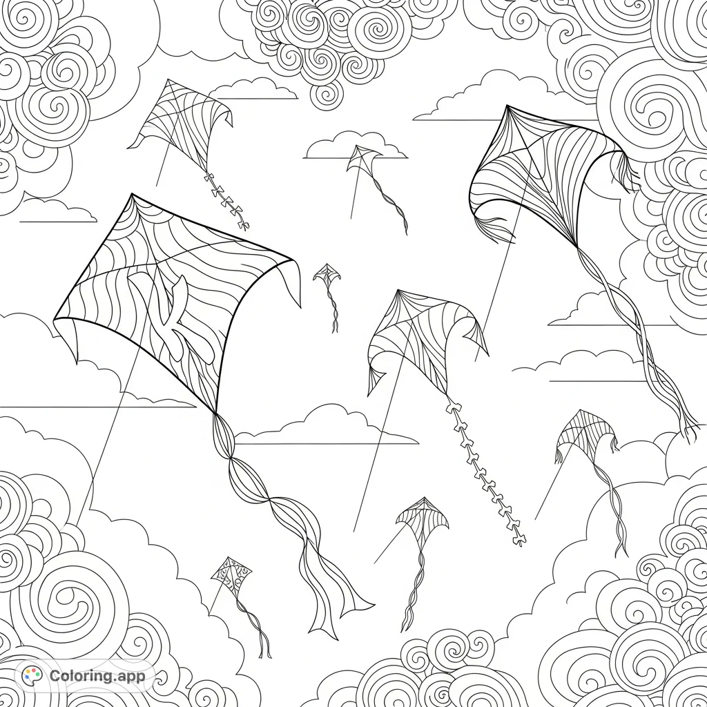 Soar into creativity with this kites coloring page! Featuring detailed kite designs and whimsical swirls against a vast sky, it's a free printable coloring page for all ages.