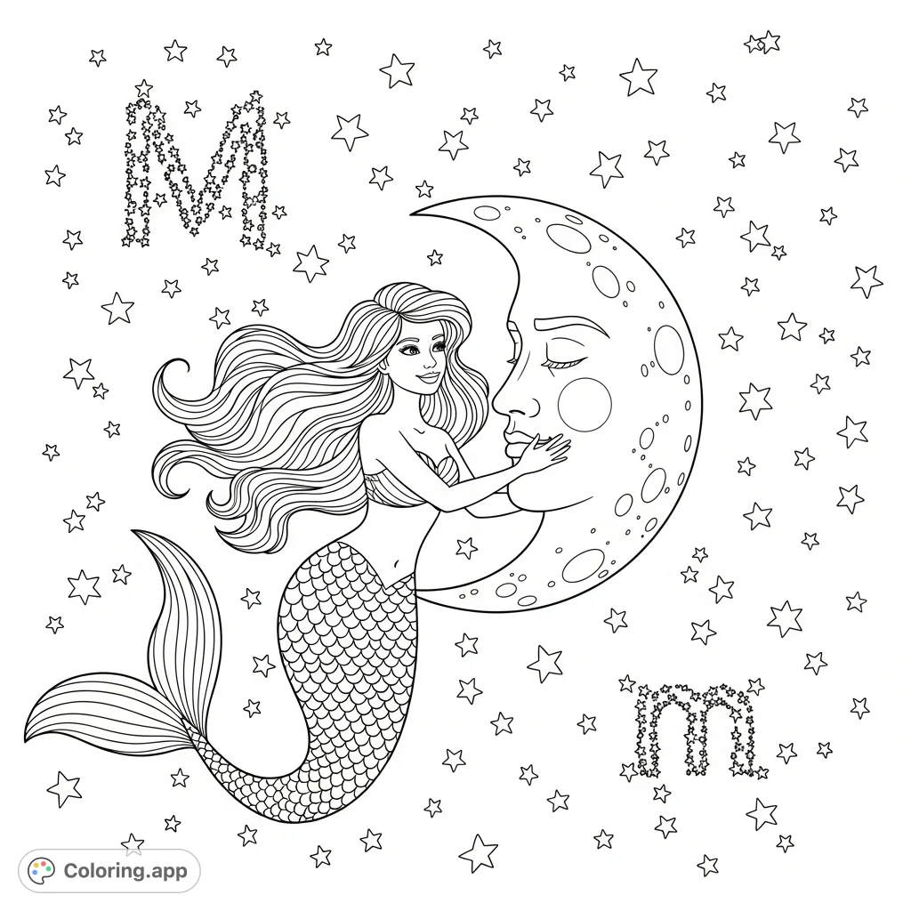 A magical mermaid plays with the Man on the Moon, surrounded by a starry sky where cosmic letters 'M' and 'm' sparkle. A celestial fantasy.