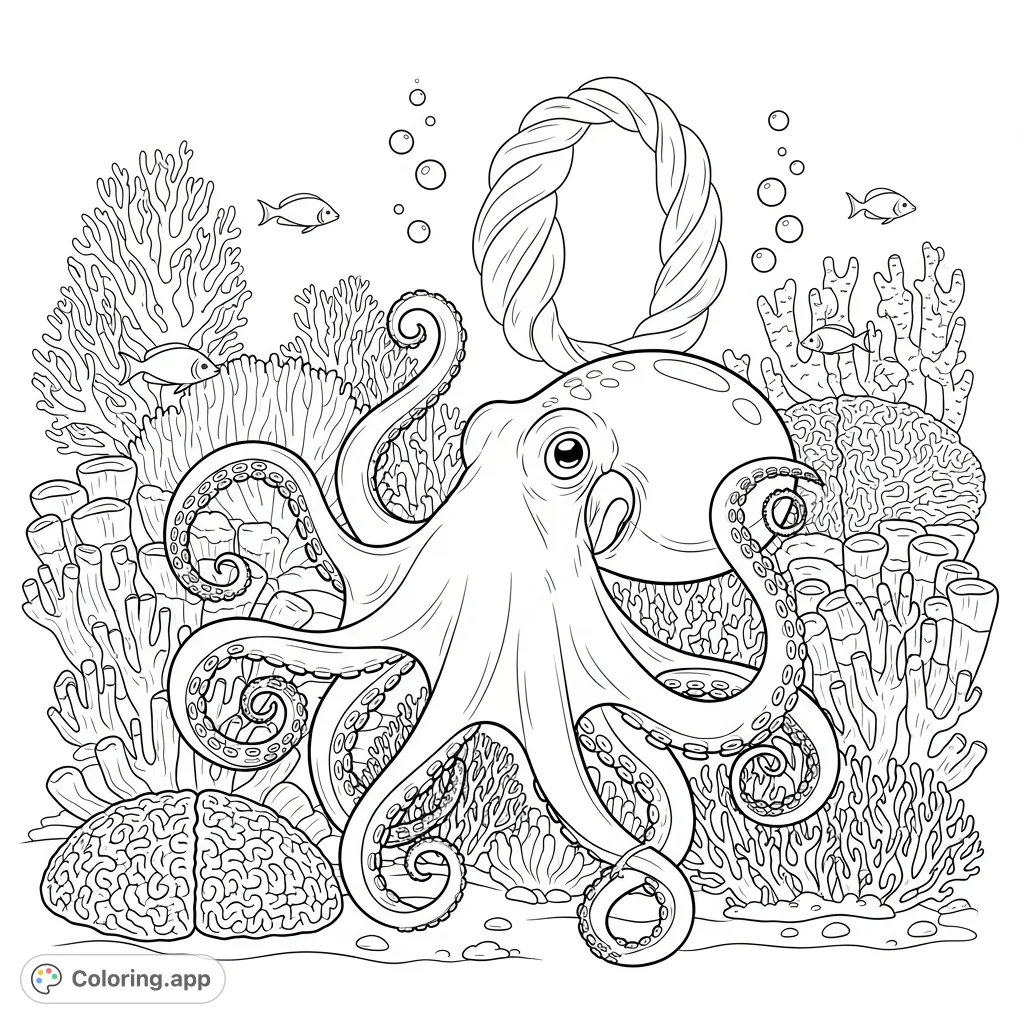 An engaging octopus coloring page set in a dynamic coral reef, featuring a friendly octopus amidst intricate corals and a unique integrated letter 'O'.