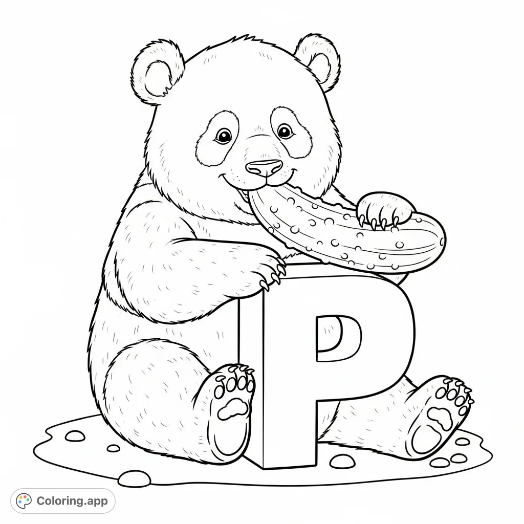 A delightful baby panda enjoys a pickle playdate with the letter P. This charming free printable coloring page is perfect for young learners and animal lovers.