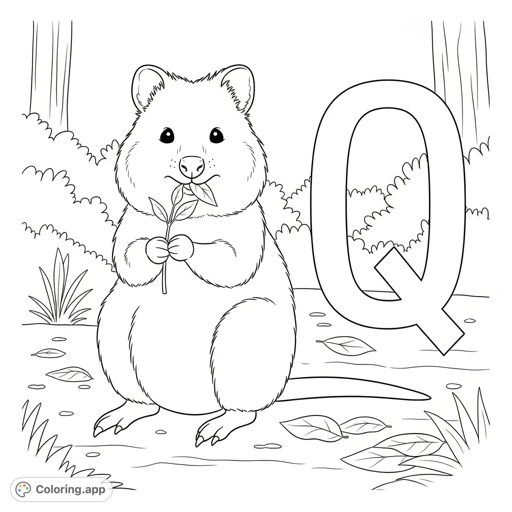 A cheerful quokka enjoys a meal with a prominent letter 'Q' nearby, set in a peaceful natural environment. Perfect for a quokka coloring page adventure!