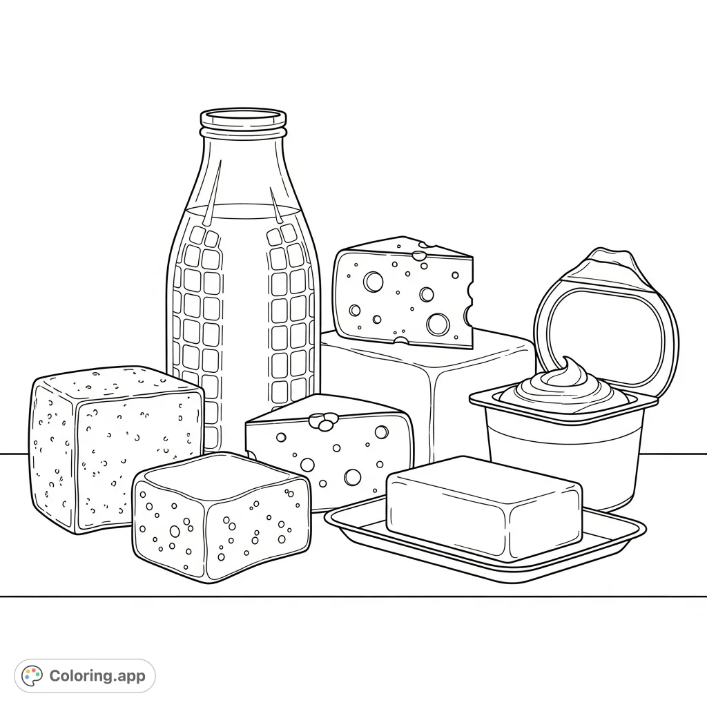A realistic dairy products coloring page featuring milk, various cheeses, butter, and yogurt in a charming still life arrangement. Perfect for food enthusiasts.