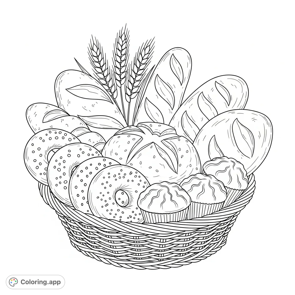 A delightful bread basket brimming with freshly baked bread, bagels, and muffins, accented by elegant wheat stalks, ready for coloring.