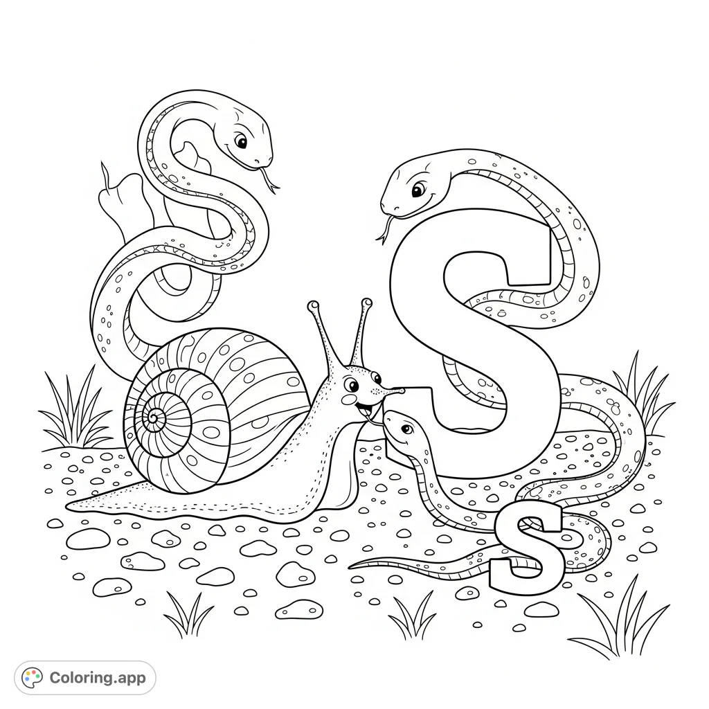 A whimsical scene featuring a cheerful snail interacting with two playful snakes, curled around a large uppercase 'S' and a small lowercase 's'. Perfect for learning and fun!