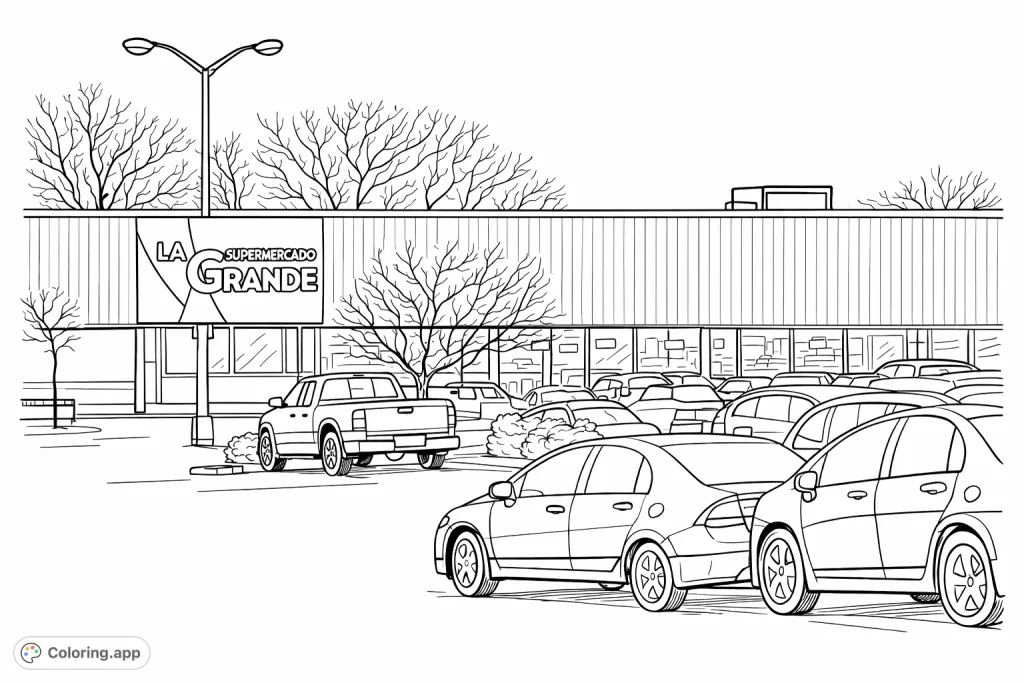 Explore a detailed supermarket scene featuring a large building with a prominent sign, a busy parking lot full of diverse vehicles, and a distant tree-lined landscape.