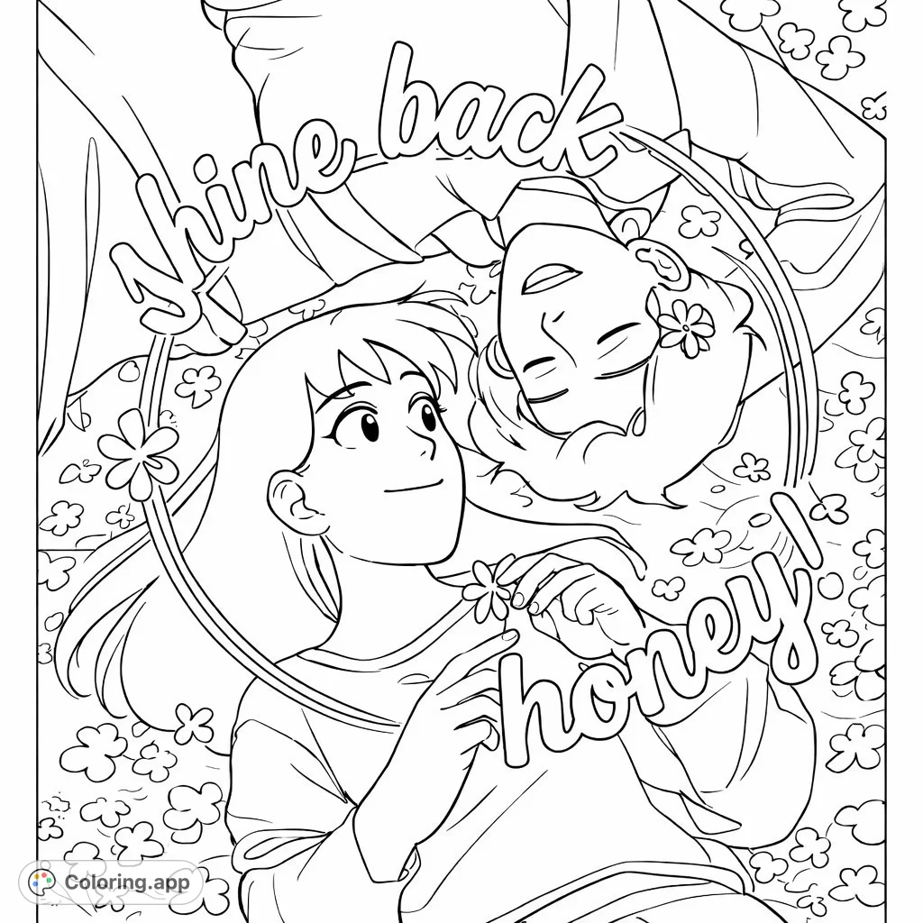 A heartwarming scene of two individuals lying on a grassy field, looking at each other, surrounded by delicate foliage and floating text. A sweet moment for coloring.