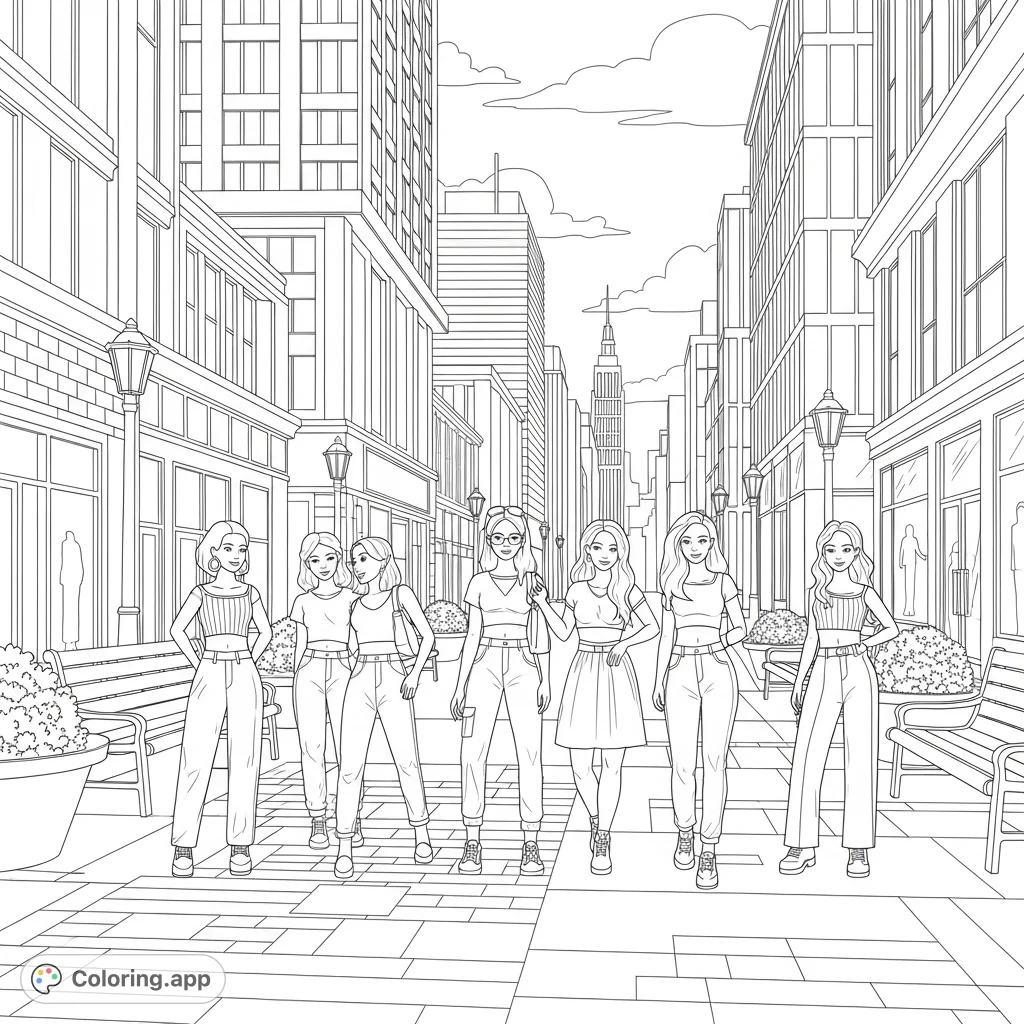Capture the essence of a vibrant city day with stylish girls in crop tops. A contemporary urban fashion coloring page perfect for teens and adults.