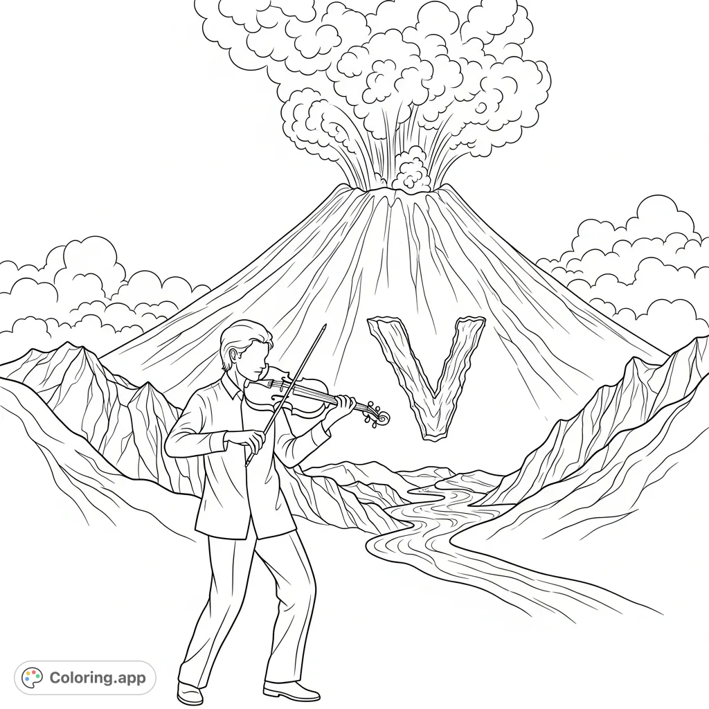 A dramatic coloring page featuring a violinist performing before a smoking volcano, with a distinctive 'v' shape in the landscape. Explore musicality and raw nature.