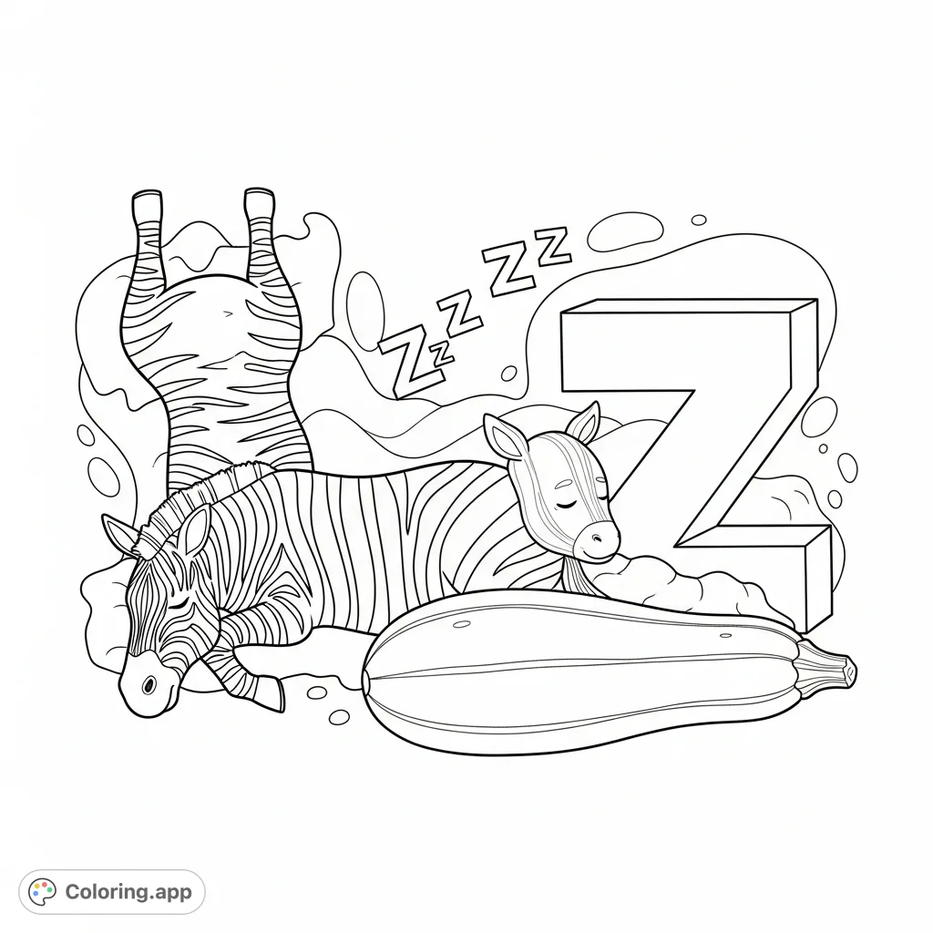 Discover a unique, sleepy world where a zebra, a zucchini, and even the letter Z are all catching z's. A fun and whimsical coloring page for all ages!