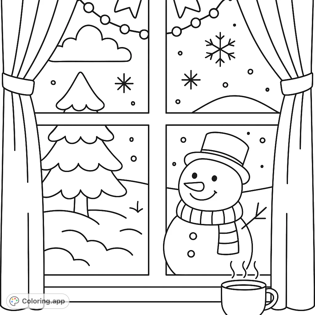 A delightful winter scene through a window, featuring a friendly snowman, snow-covered trees, and falling snowflakes, inviting cozy coloring moments.