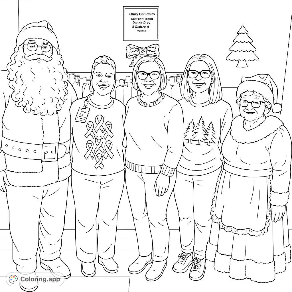 A joyful holiday scene featuring Santa, Mrs. Claus, and friends against a festive backdrop.