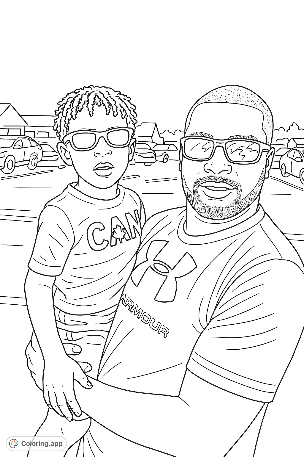 Capture a heartwarming moment of a father holding his son, both wearing cool sunglasses, against a bright outdoor backdrop. A joyful family bonding coloring page.