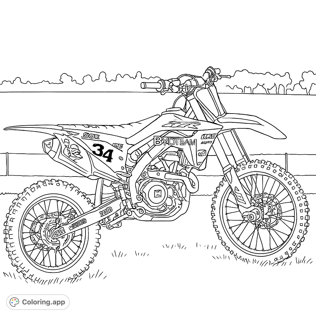 Experience the thrill of motocross with this detailed dirt bike coloring page, featuring intricate mechanical parts and a wide-open field setting for creative expression.