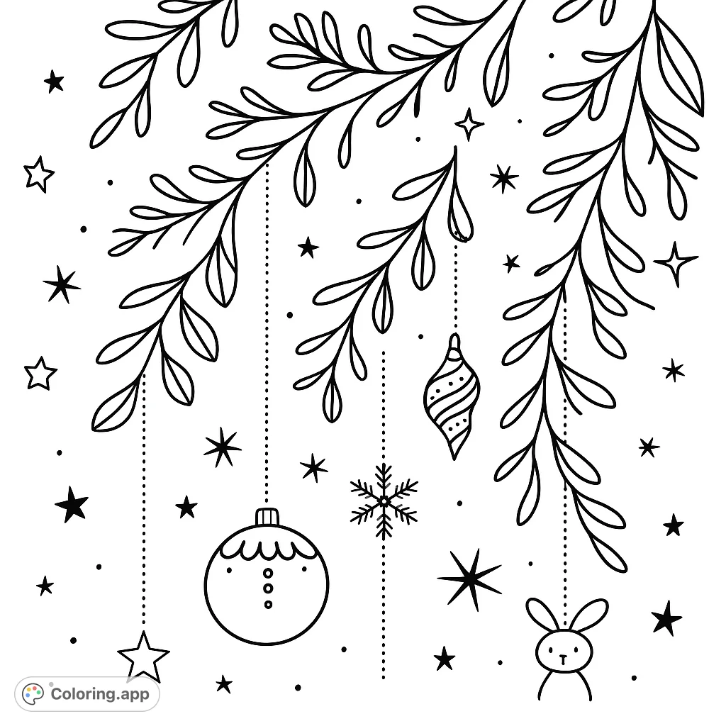 Decorate delightful branches adorned with unique ornaments, twinkling stars, and a delicate snowflake. A charming scene for creative expression and festive relaxation.