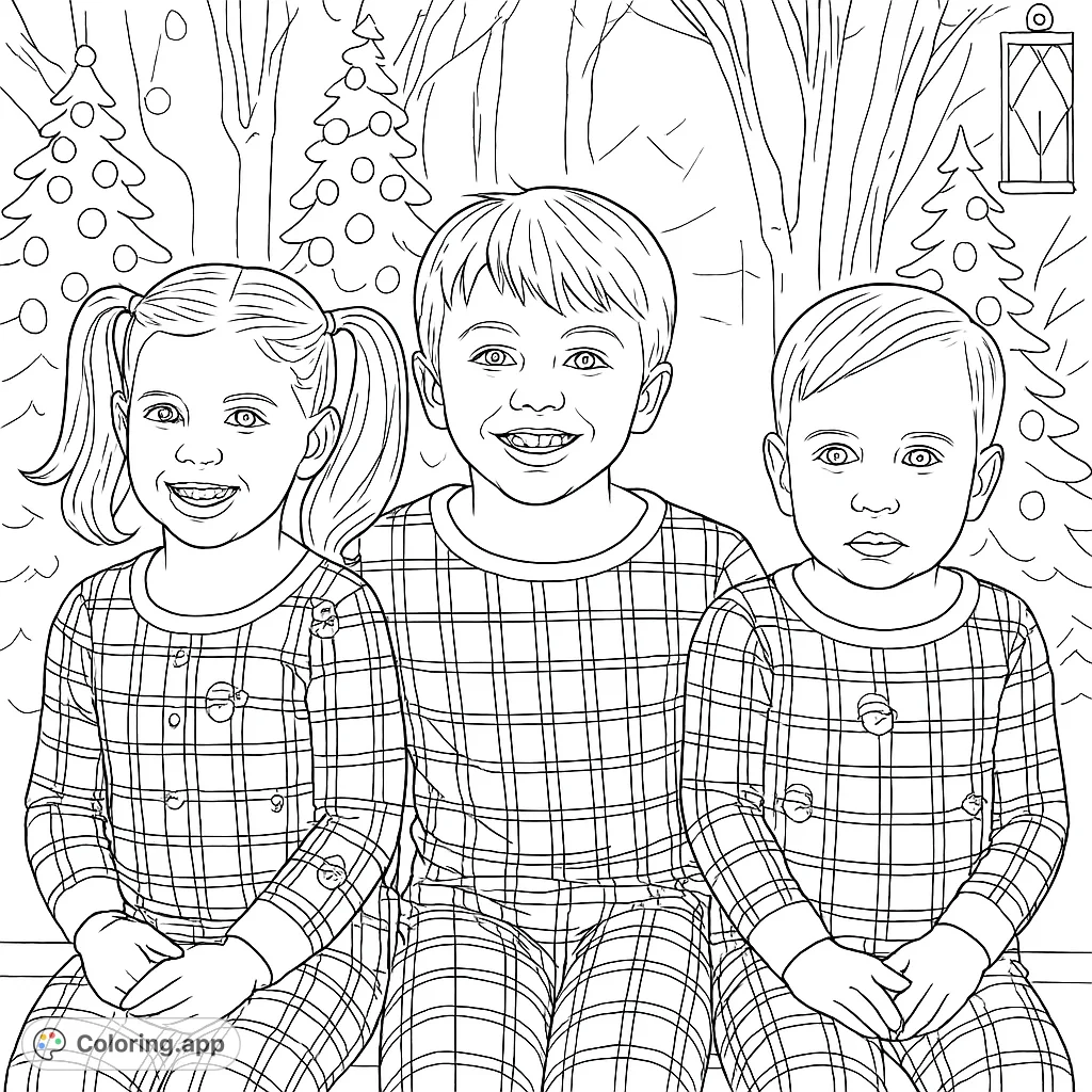 Three joyful children in patterned pajamas pose before a festive backdrop with decorated trees and twinkling lights. A cozy, fun holiday scene for coloring.