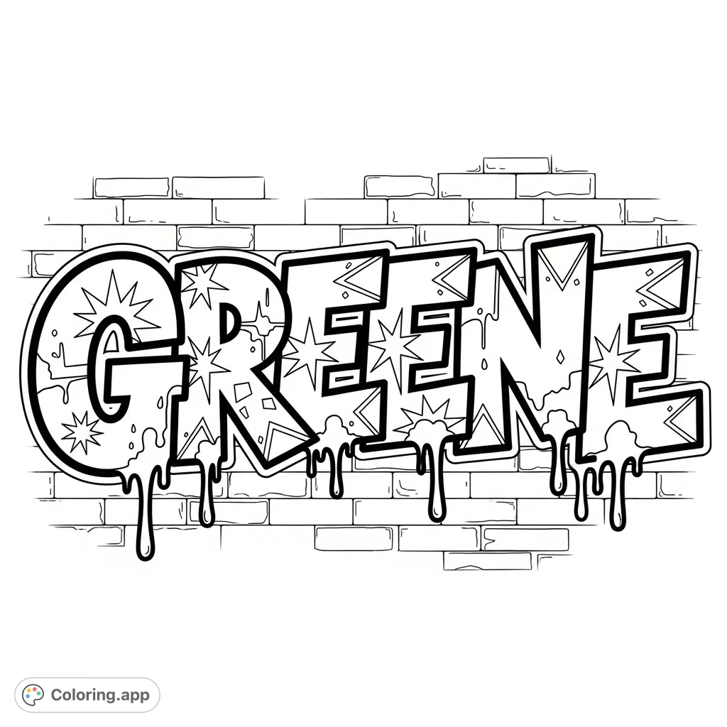 A dynamic "Greene" graffiti coloring page featuring bold, stylized letters with drips and intricate patterns against a textured brick wall. Perfect for creative expression!