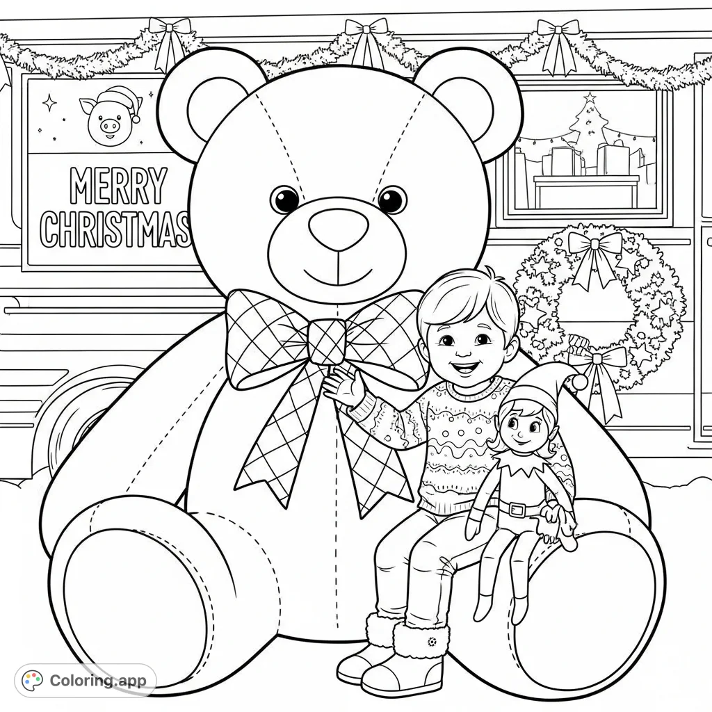A heartwarming scene featuring a large teddy bear hugging a child, with an Elf on the Shelf doll nearby and a festive Christmas food truck in the background.