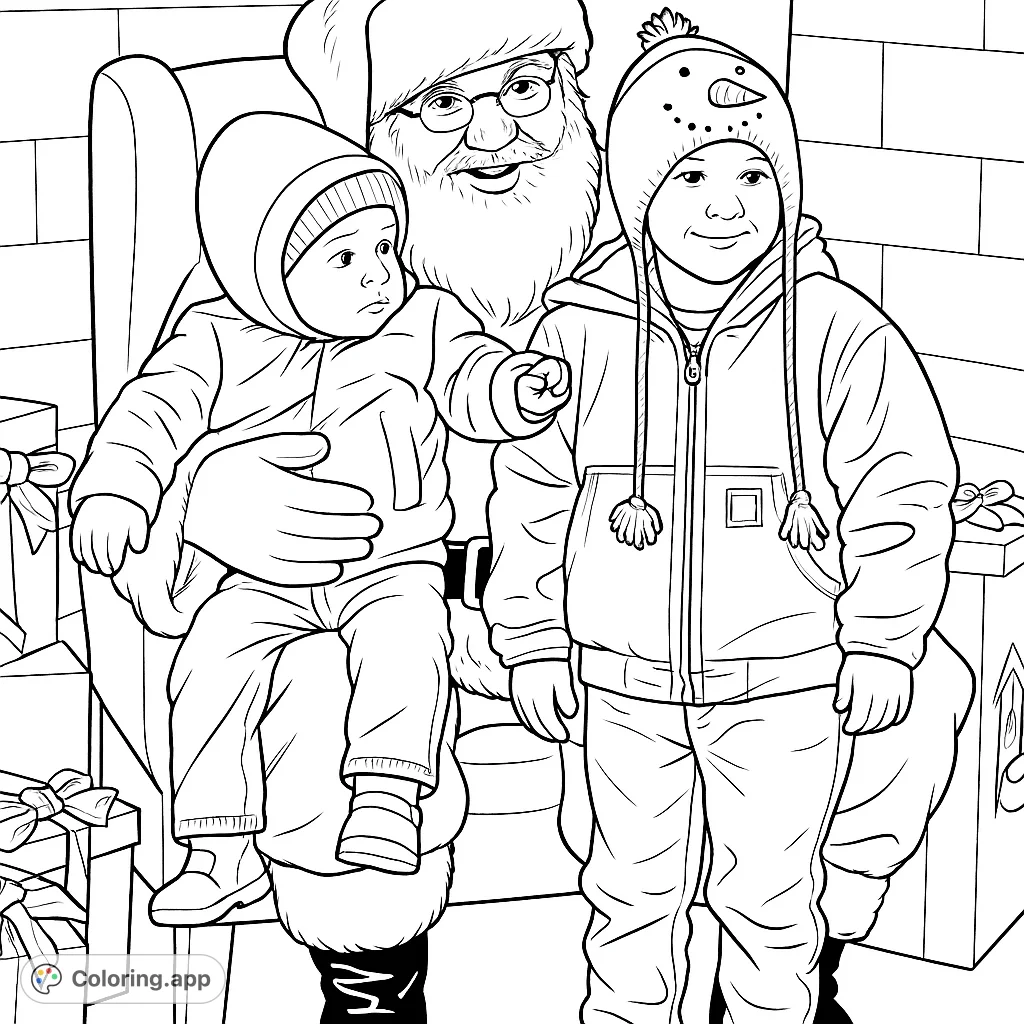 Capture the joy of a holiday visit! A cheerful Santa with two children and wrapped gifts.