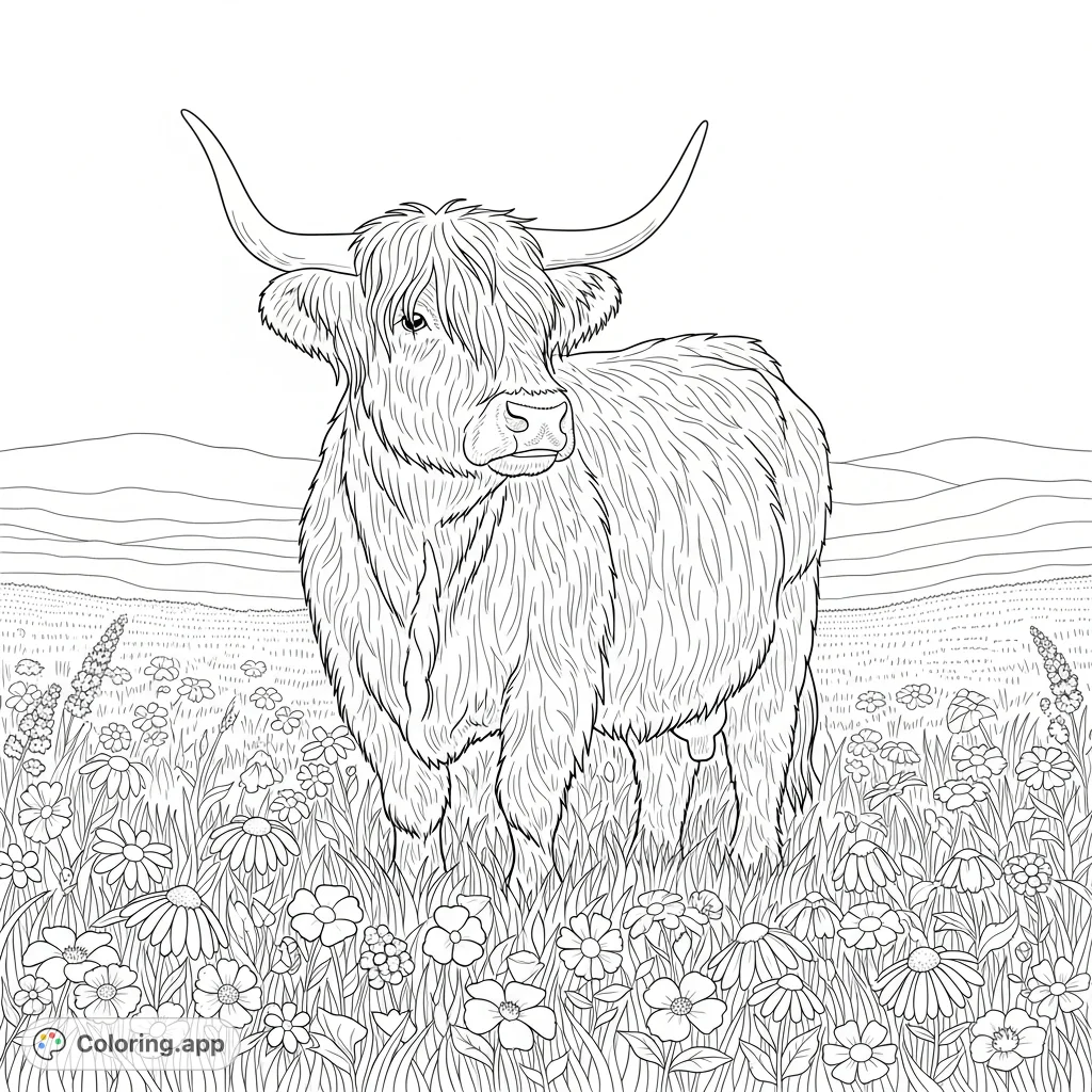 A charming Highland cow with shaggy coat and impressive horns stands amidst a field of delicate wildflowers, offering a serene nature scene for coloring.