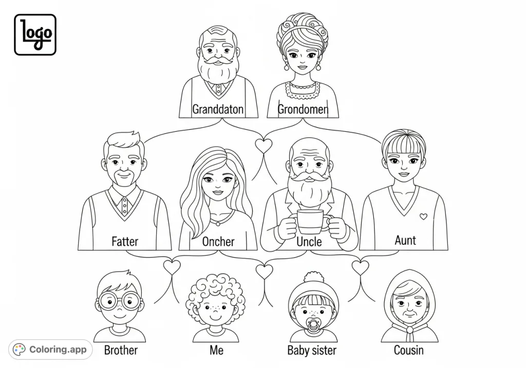 Explore family connections with this detailed family tree coloring page, featuring three generations of relatives, unique character details, and endearing heart links.